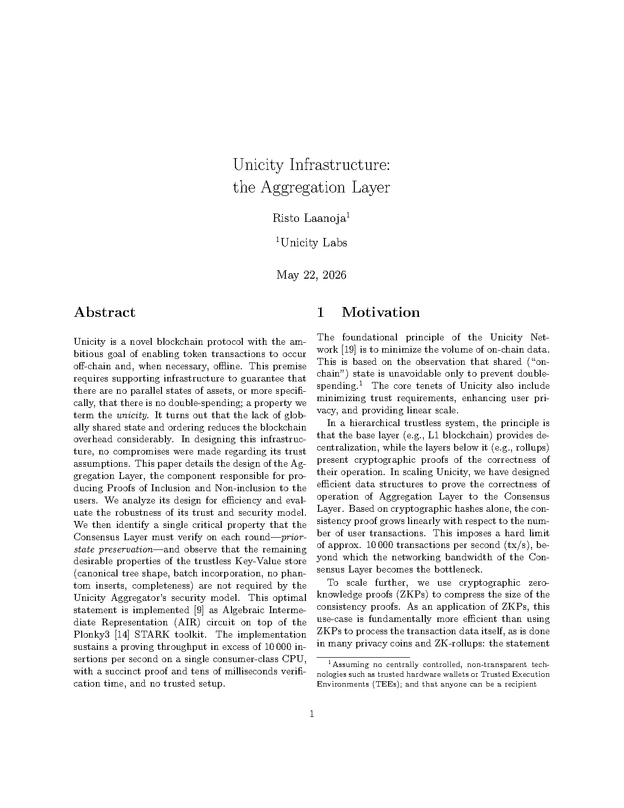 Unicity Infrastructure: the Aggregation Layer